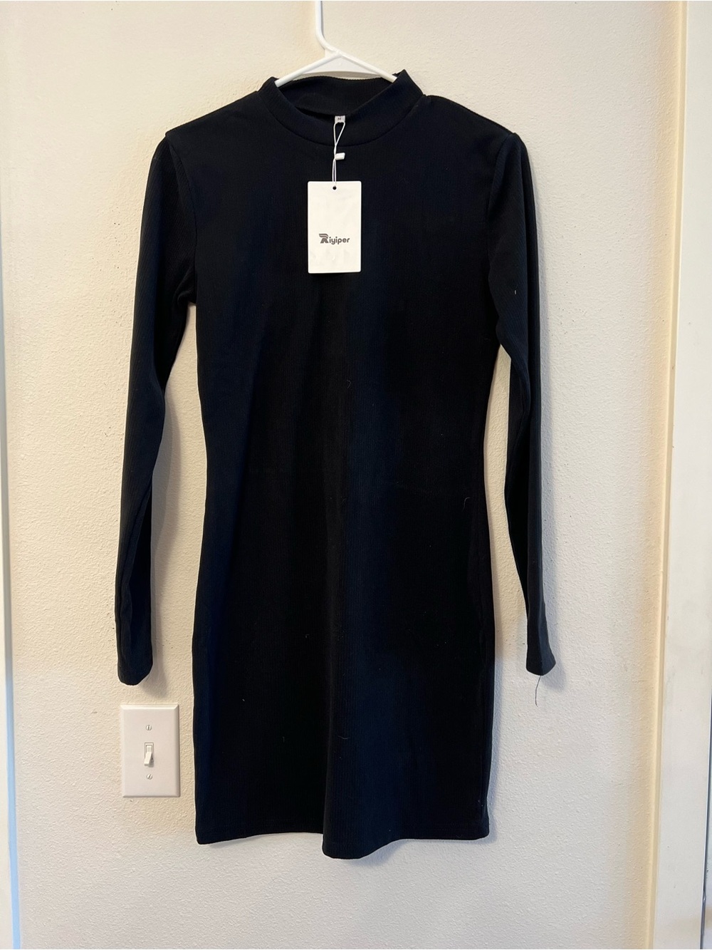 Ribbed Black Long-Sleeve Mock Neck Dress by